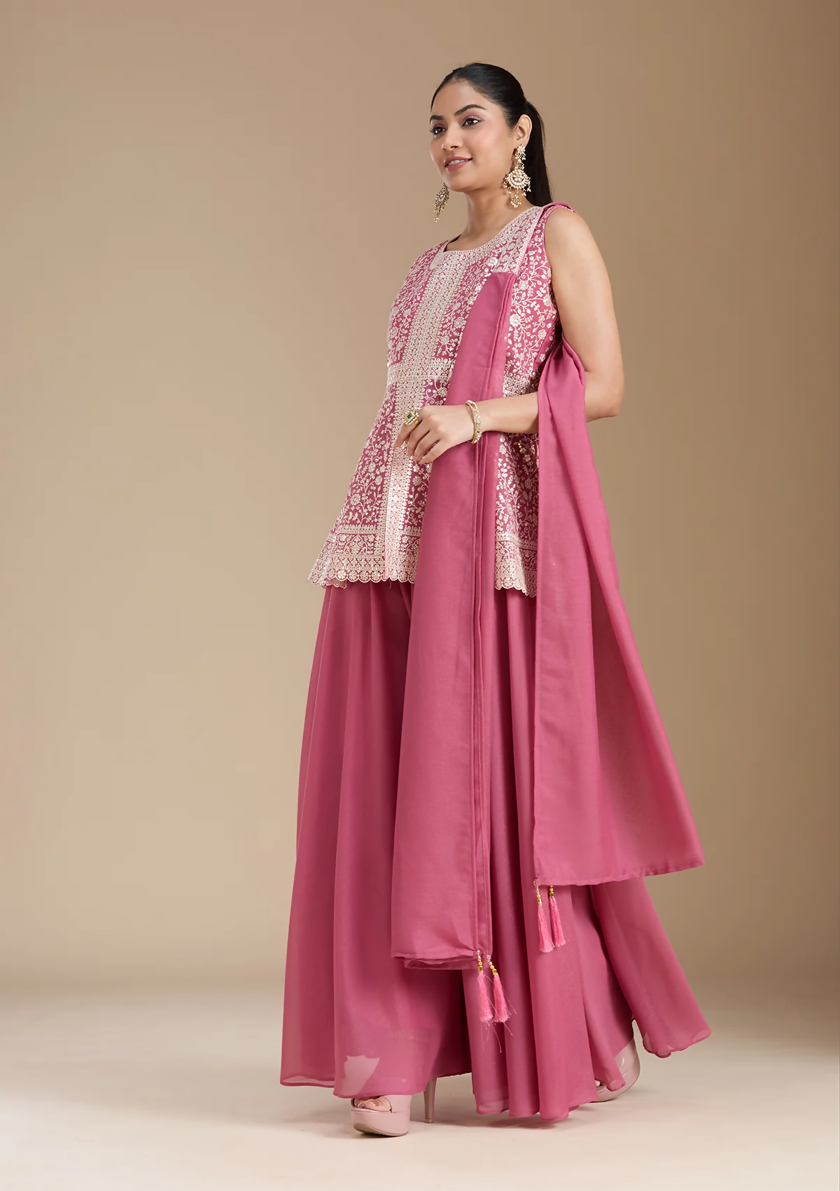 Teeya Creation Pink Color Star Georgette Party Wear Designer Peplum Sharara Set | Grocsy