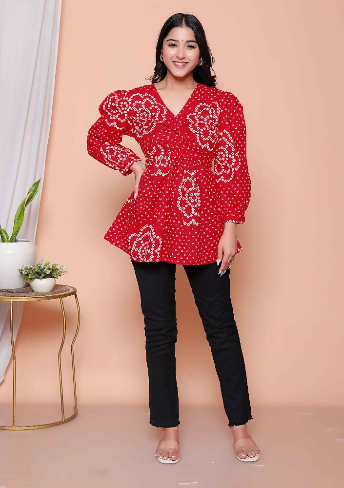Miravan Womens Red Bandhani Printed Cotton Butterfly Design Top | Grocsy