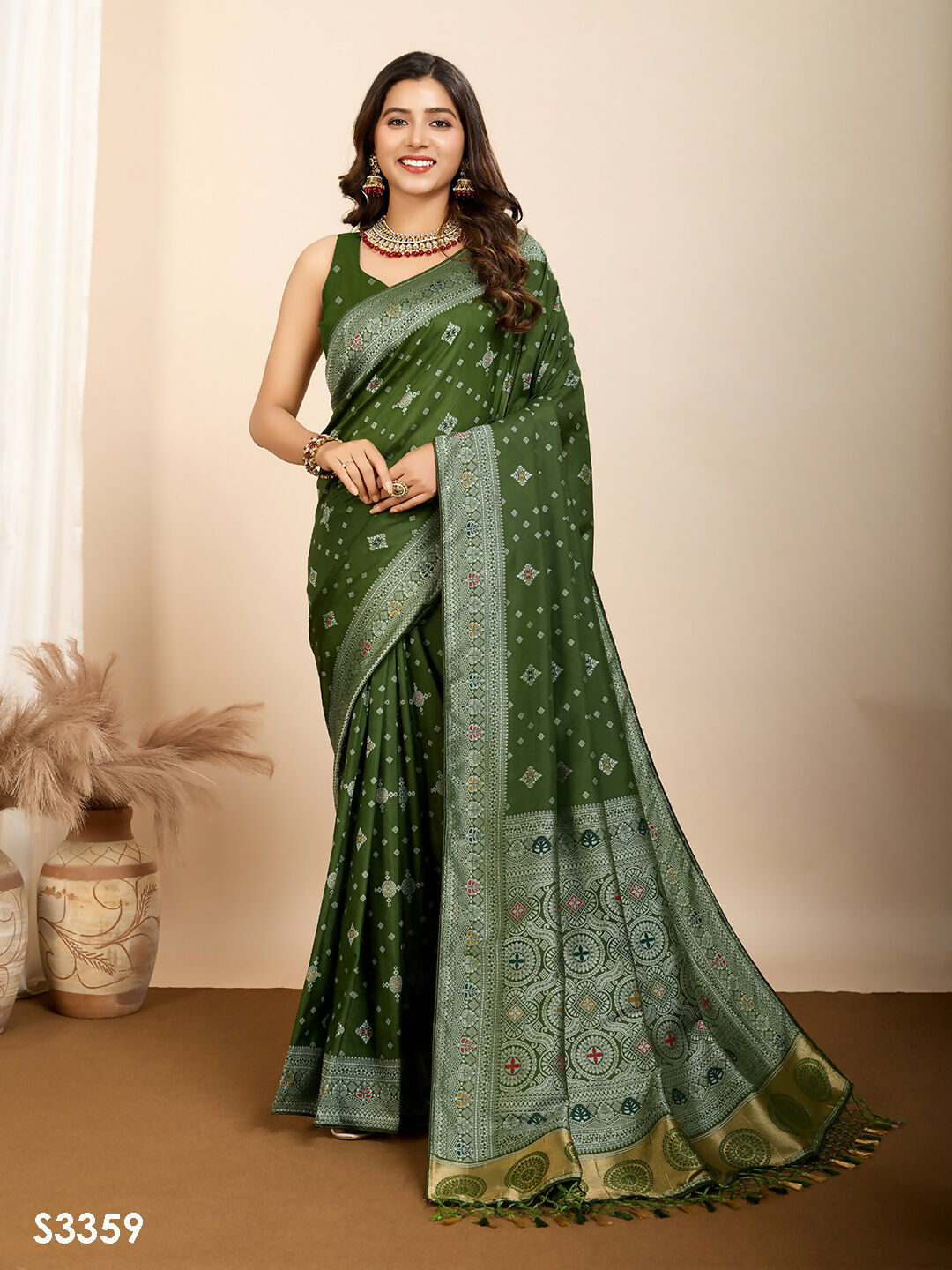 Olive Soft Silk Woven Meenakari Designer Saree - Vedanti | Grocsy