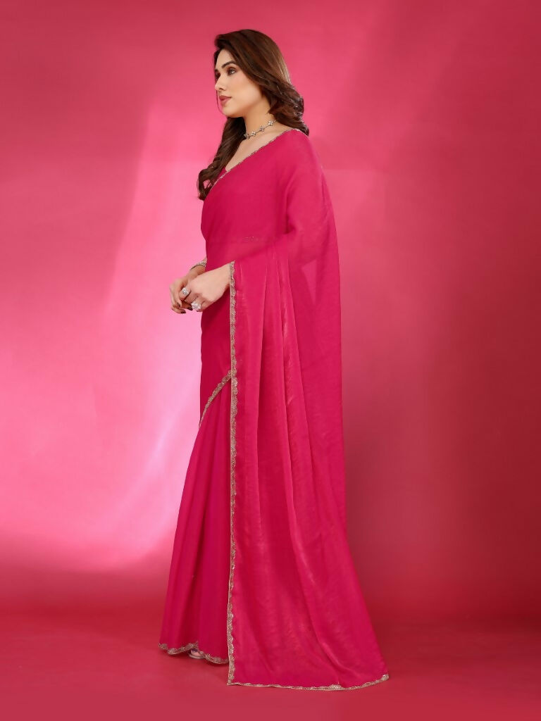 PR Fashion Pink Jimmy Choo Fabric Palin With Work Lace Saree | Grocsy