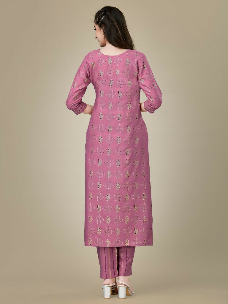 Jyoti Fashion Women's Purple Rayon Embroidered Kurta Pant Set | Grocsy