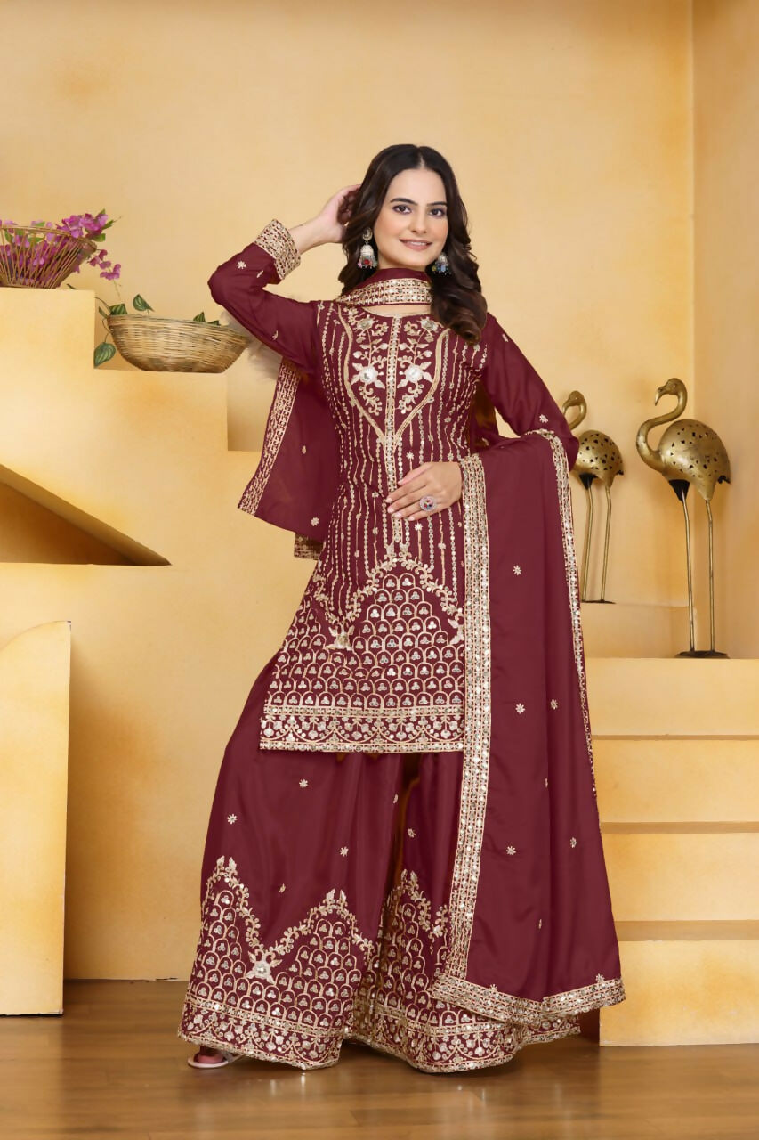 Teeya Creation Maroon Color Natural Crepe Silk Wedding Wear Trending Palazzo Set | Grocsy