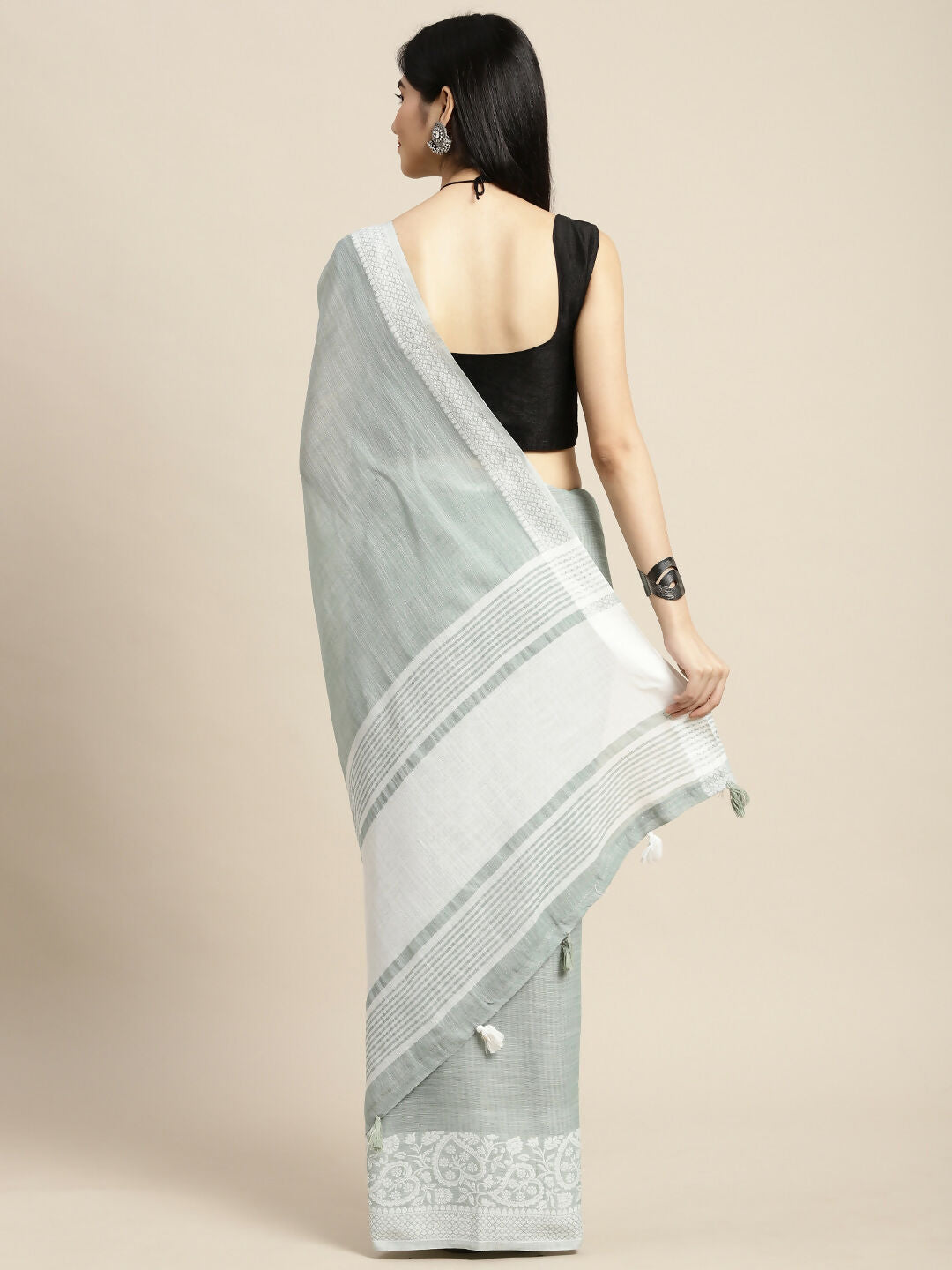 Shree Shyam Fashion Linen Sea Green Saree | Grocsy