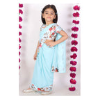 Little Bansi Girls 90's Era Saree with Silk Floral Blouse - Sky Blue | Grocsy