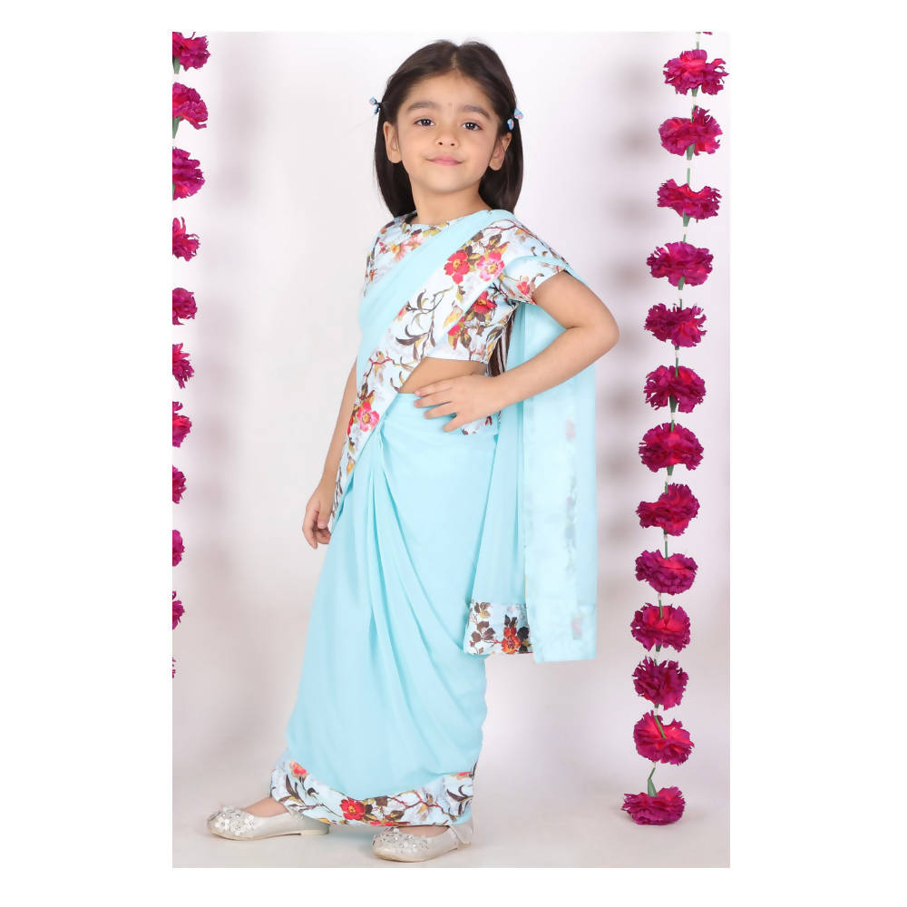 Little Bansi Girls 90's Era Saree with Silk Floral Blouse - Sky Blue | Grocsy