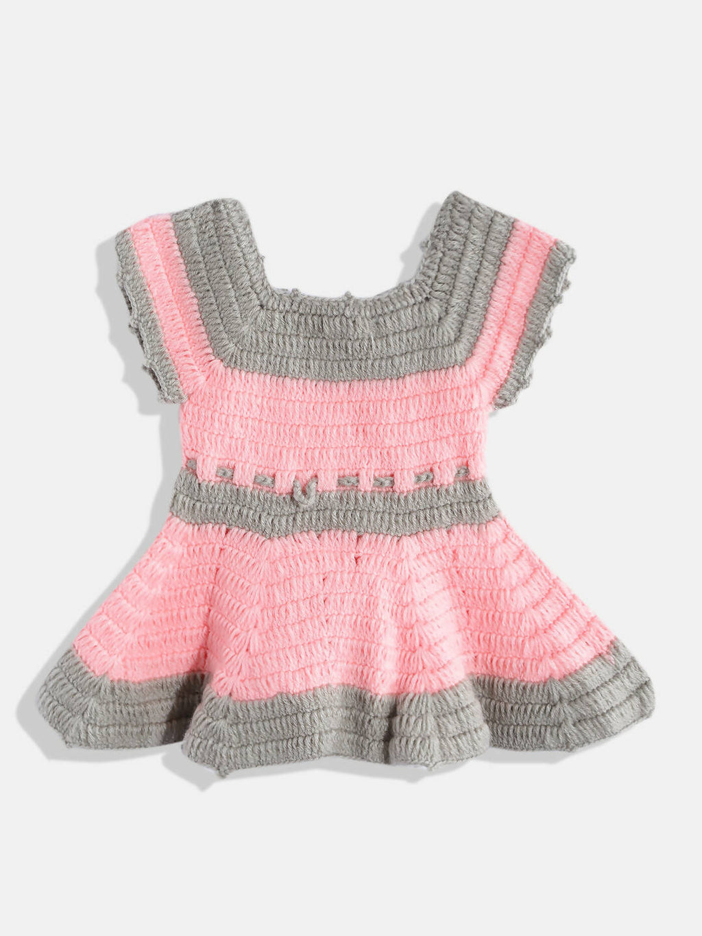 Chutput Kids Woollen Hand Knitted Short Sleeves Flower Detail Dress For Baby Girls - Pink | Grocsy