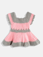 Chutput Kids Woollen Hand Knitted Short Sleeves Flower Detail Dress For Baby Girls - Pink | Grocsy