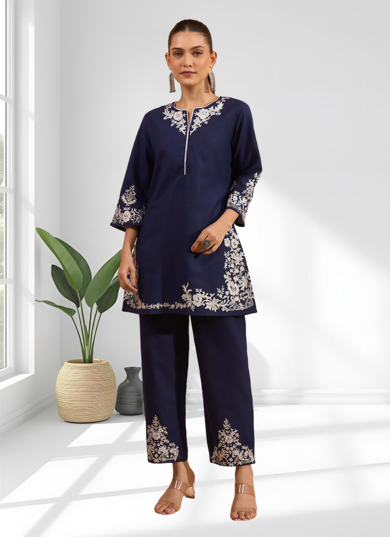 Joban Fashion Navy Blue Cotton, Linen Embroidered Readymade Cord Set | Grocsy