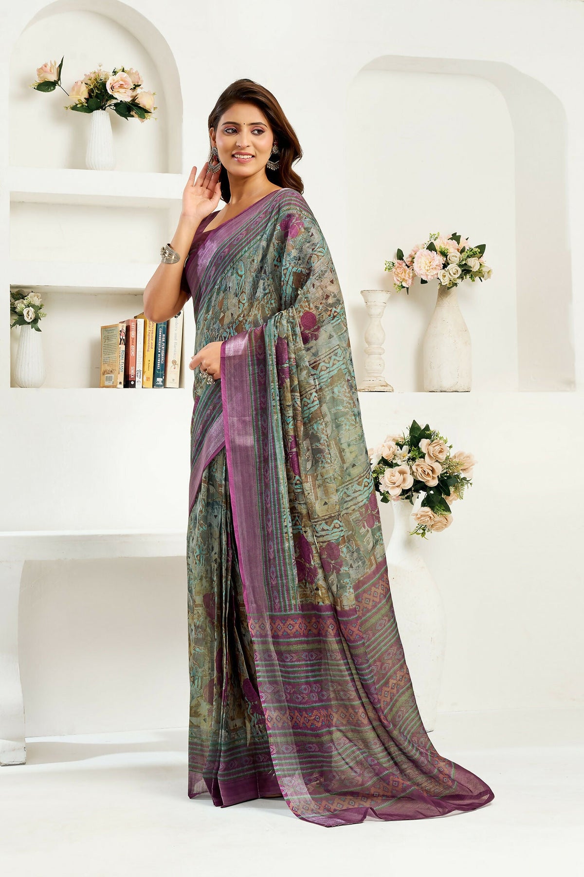 Joban Fashion Multicoloured Ikkat & Floral Linen Ready To Wear Saree With Unstitched Blouse | Grocsy