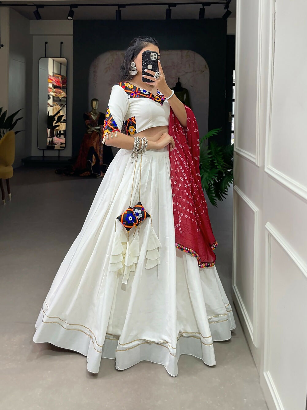 Vastranavya Navaratri Special Pure Cotton Plain With Gotta Patti Touch Up Lehenga Stitched Choli - White | Grocsy