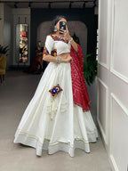 Vastranavya Navaratri Special Pure Cotton Plain With Gotta Patti Touch Up Lehenga Stitched Choli - White | Grocsy