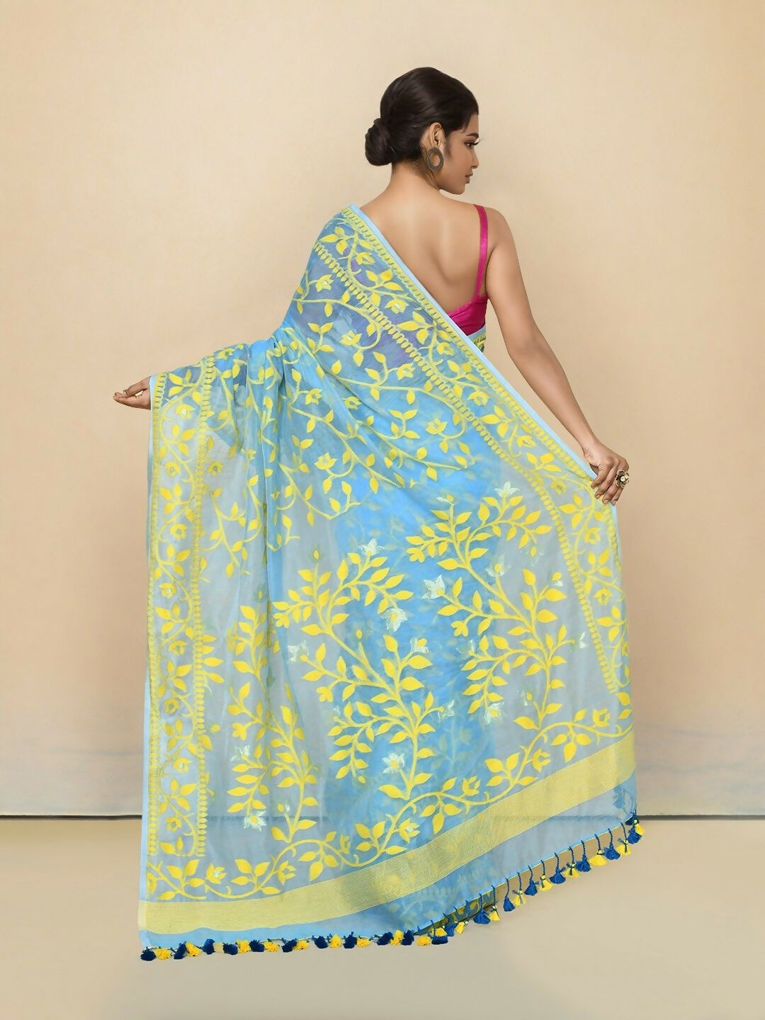 Joban Fashion Sky Blue Cotton Blend Jamdani Saree | Grocsy