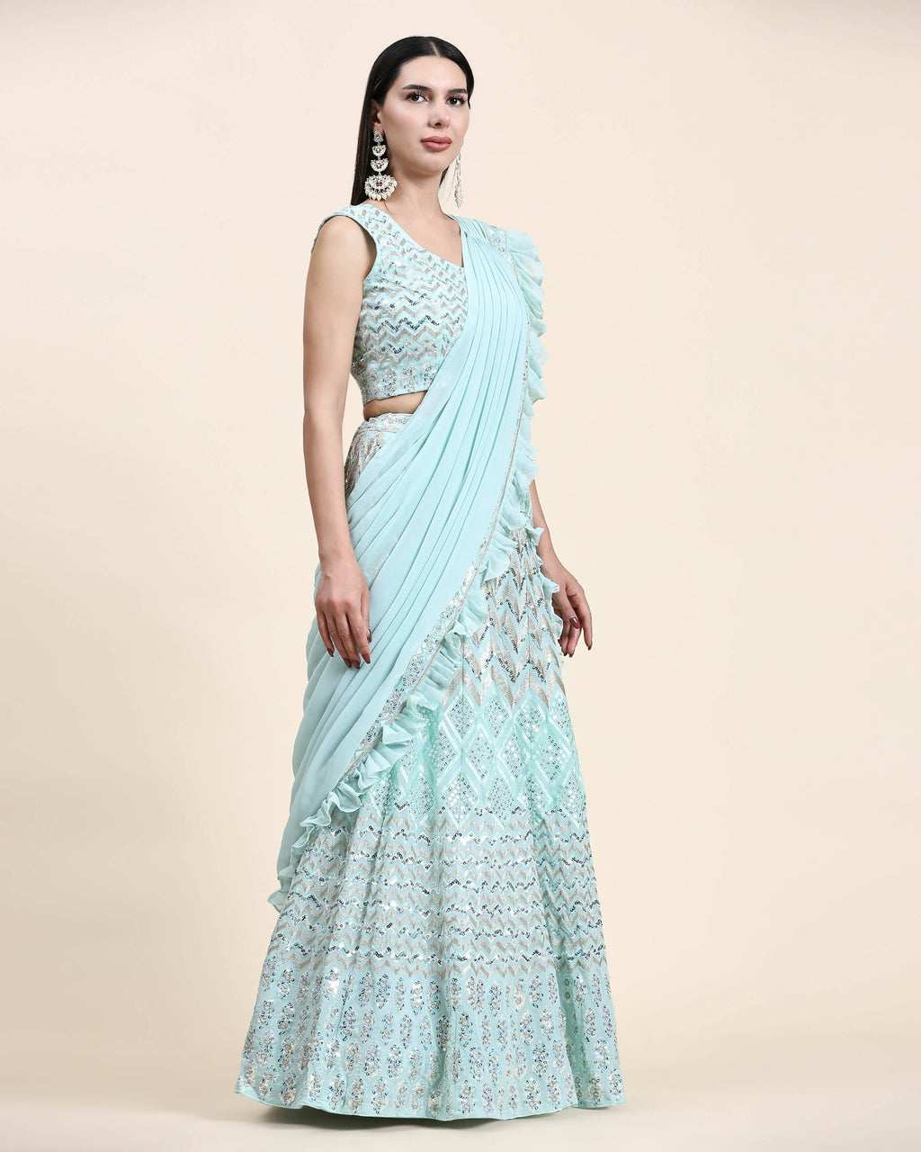 Sky Blue Pure Viscose Georgette Thread With Sequins Embroidery Work Lehenga Choli With Dupatta - Tanya | Grocsy