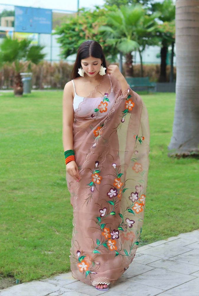 Vamsee Urmila Brown Organza Saree | Grocsy