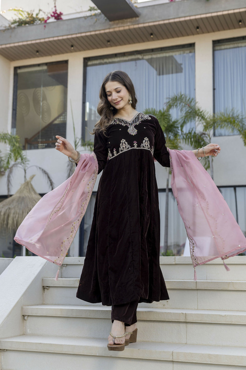 The52 Women's Beautiful Velvet Fabric Embroidery Work Flared Anarkali Pant and Dupatta Set | Grocsy
