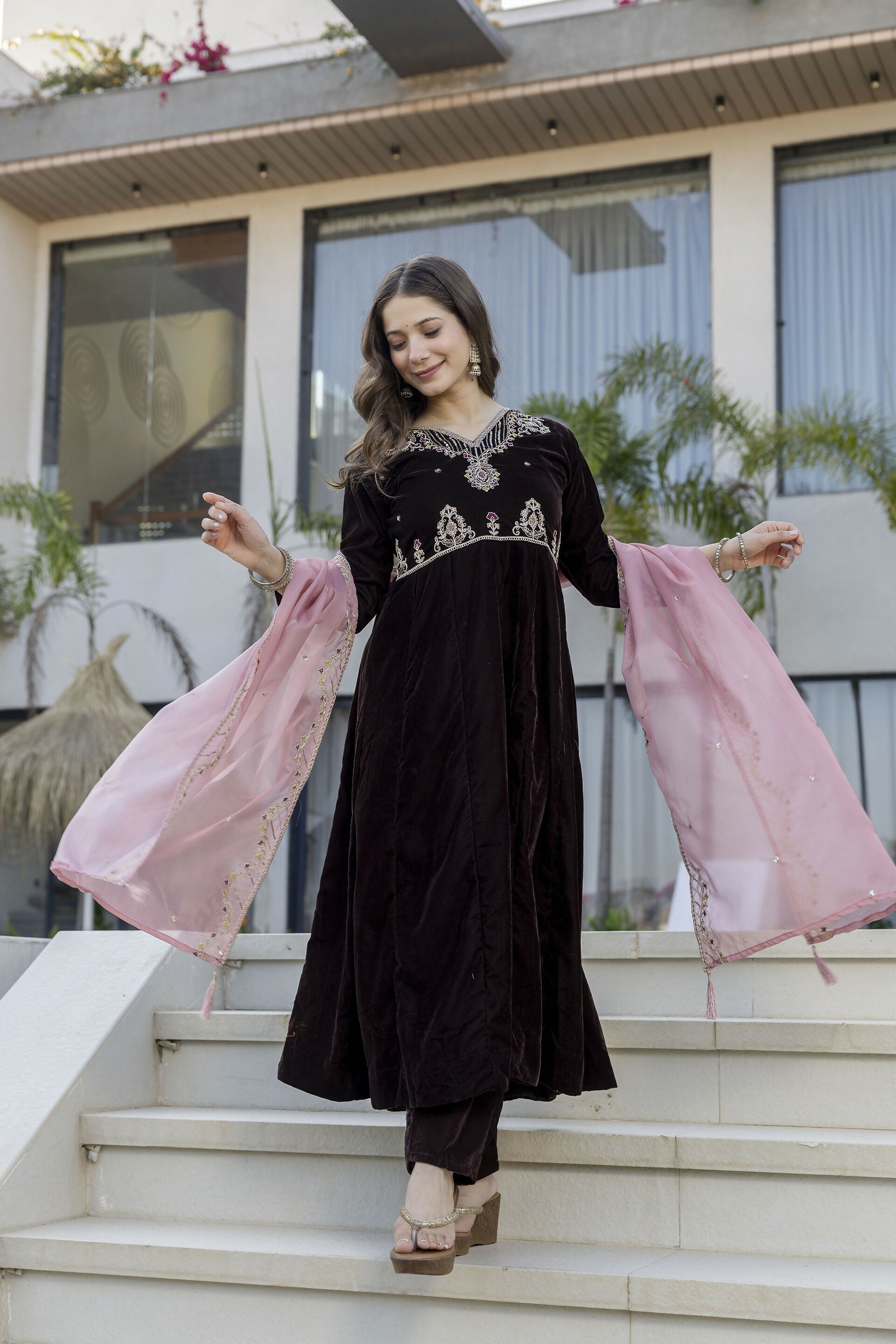 The52 Women's Beautiful Velvet Fabric Embroidery Work Flared Anarkali Pant and Dupatta Set | Grocsy