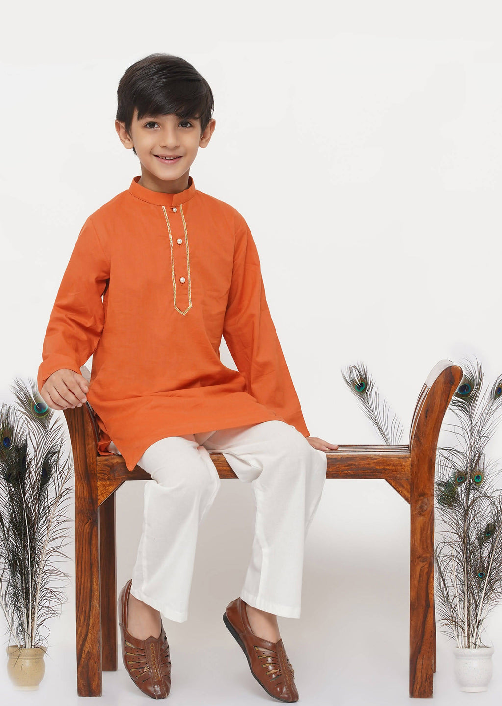 Little Bansi Boys Cotton Kesari Kurta with Pearl Buttons and Pyjama -Orange and Cream | Grocsy