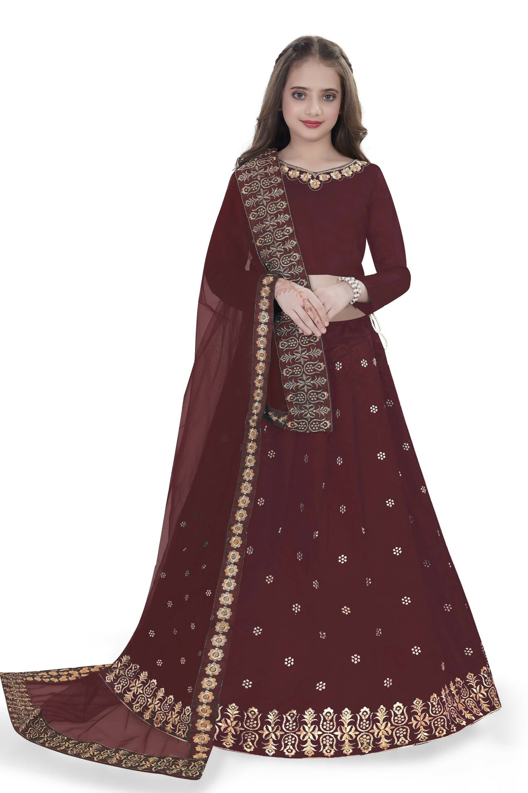 Dwiden Maroon Queen Tafetta Sattin Semi-Stitched Girl's Lehenga Choli | Grocsy