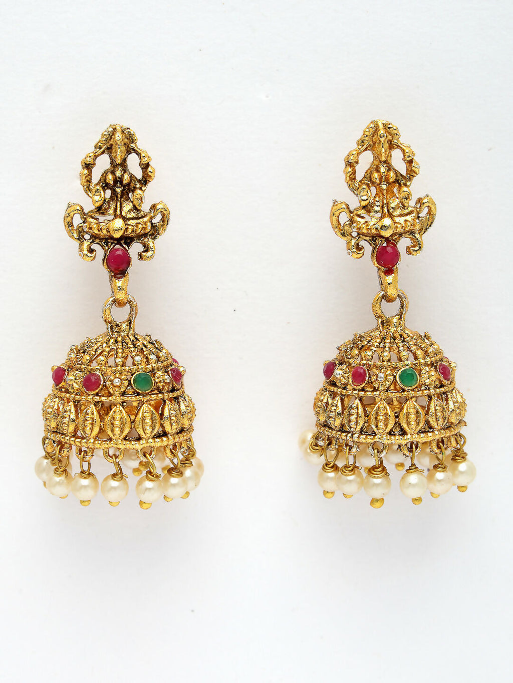 NVR Women's Set of 2 Gold-Polished Green & Pink Stone Studded Peacock & Lakshmi Design Temple Jewellery Set | Grocsy