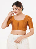 Joban Fashion Mustard Taffeta Silk Elbow Sleeveless Front Open Blouse | Grocsy