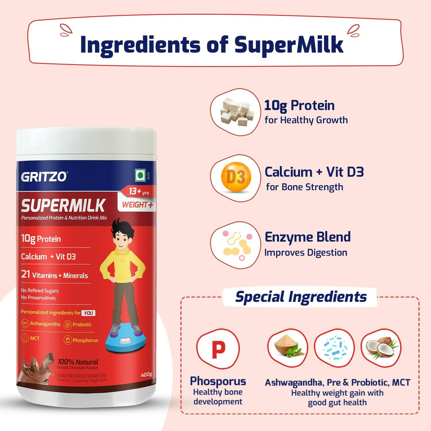 Gritzo SuperMilk Weight+ (13+y Boys), 10g Protein Powder (Double Chocolate) | Grocsy