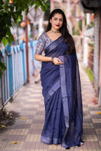 Blue Linen Sequence Saree with Unstitched Blouse - Hiral Fashion | Grocsy