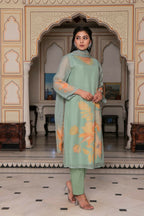 Vaasva Women Teal Green Tabby Slik Print & Embroidered Kurta, Pant & Dupatta set | Grocsy