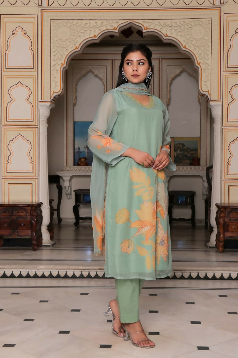 Vaasva Women Teal Green Tabby Slik Print & Embroidered Kurta, Pant & Dupatta set | Grocsy