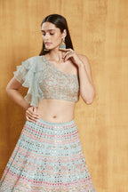 Jyoti Fashion Light Turquoise Thread, Zari and Paper Mirror Embroidered Organza One Shoulder Bridal Lehenga Choli | Grocsy