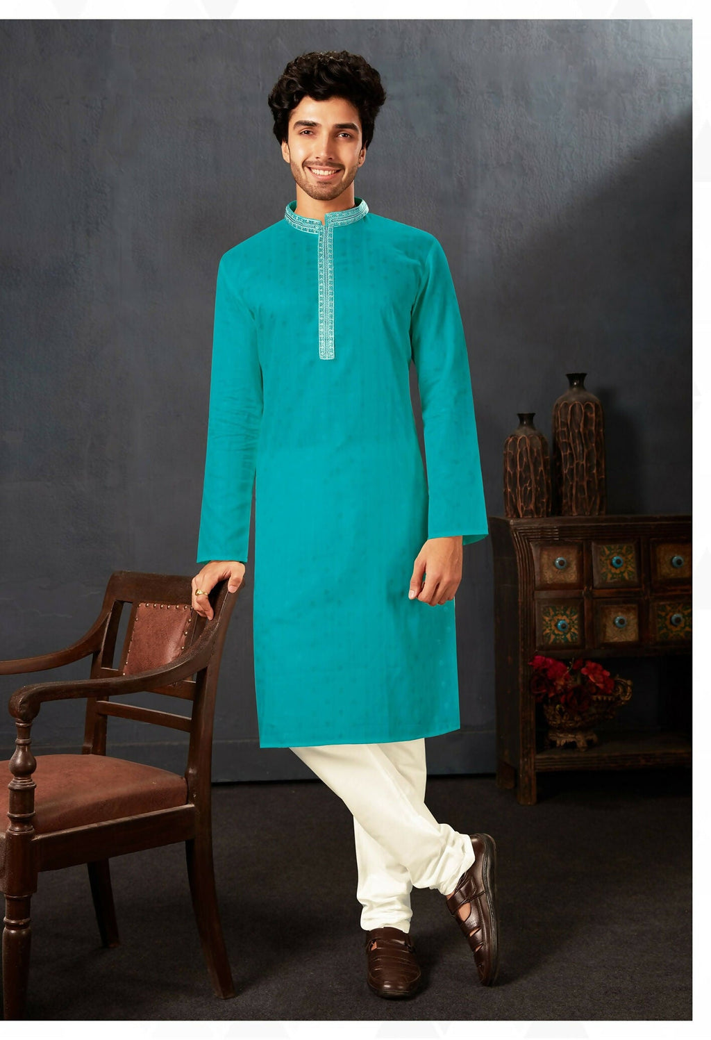 Joban Fashion Firozi Cotton Kurta Pyjama | Grocsy