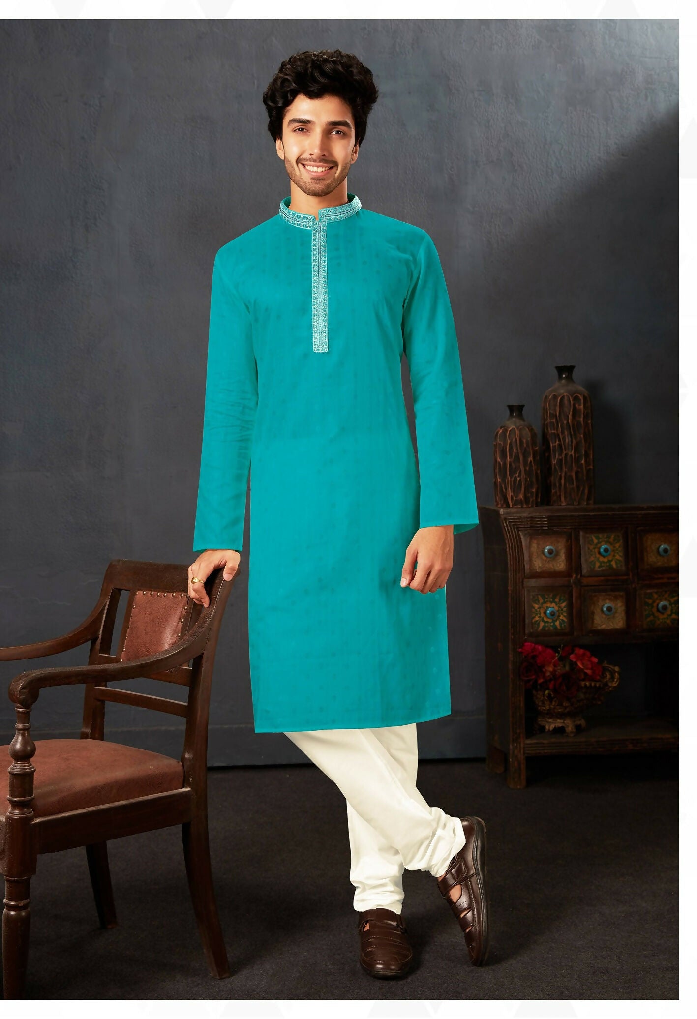 Joban Fashion Firozi Cotton Kurta Pyjama | Grocsy