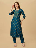 Jyoti Fashion Women's Navy Blue Viscose Rayon Embroidered Kurta Pant Set | Grocsy