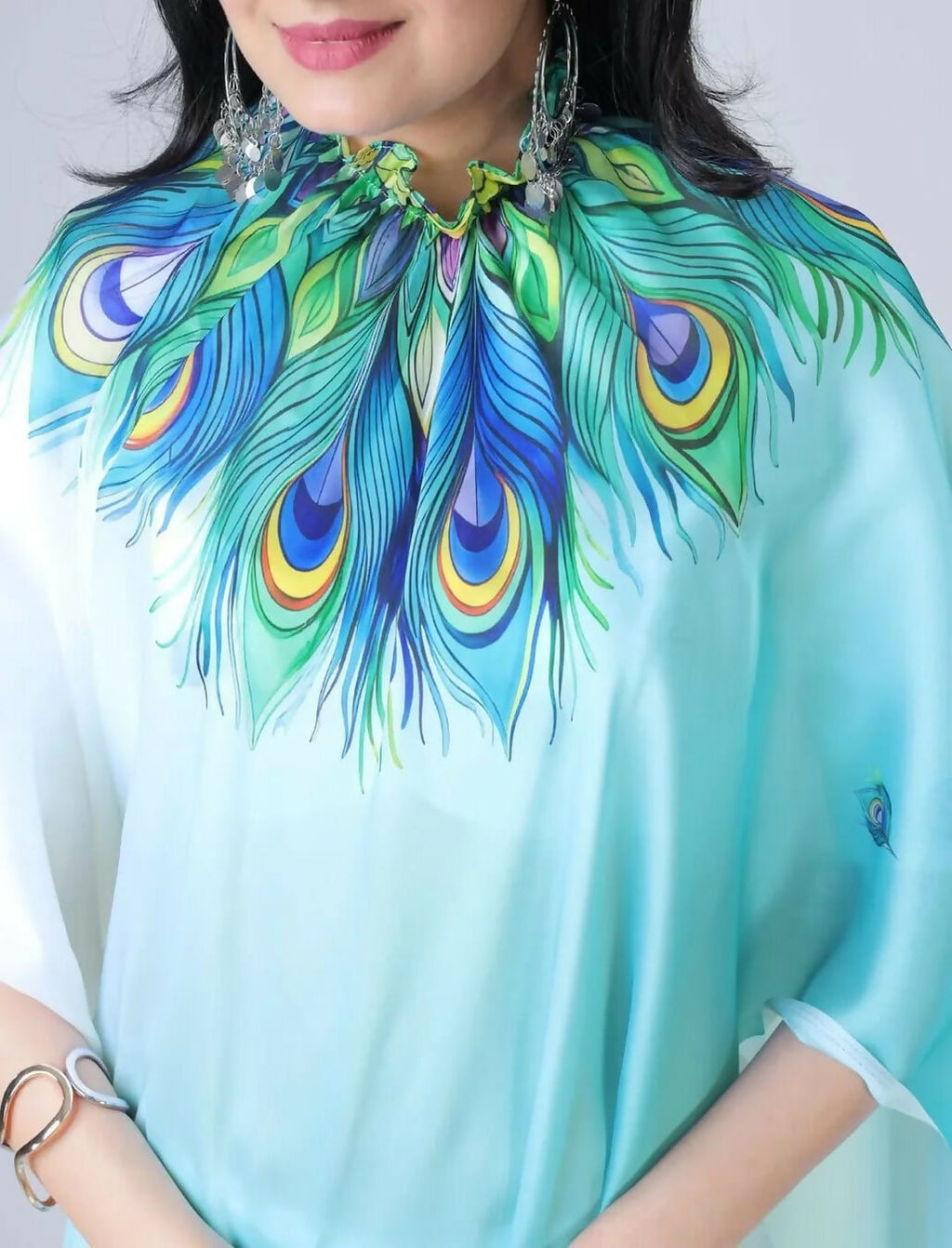Vastranavya Sky Blue & White Ready to Wear Peacock Print Free Hand Saree | Grocsy