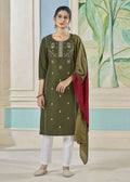 Jyoti Fashion Women's Mehendi Pure Viscose Weaving Stripe with Embroidery Kurta Set | Grocsy
