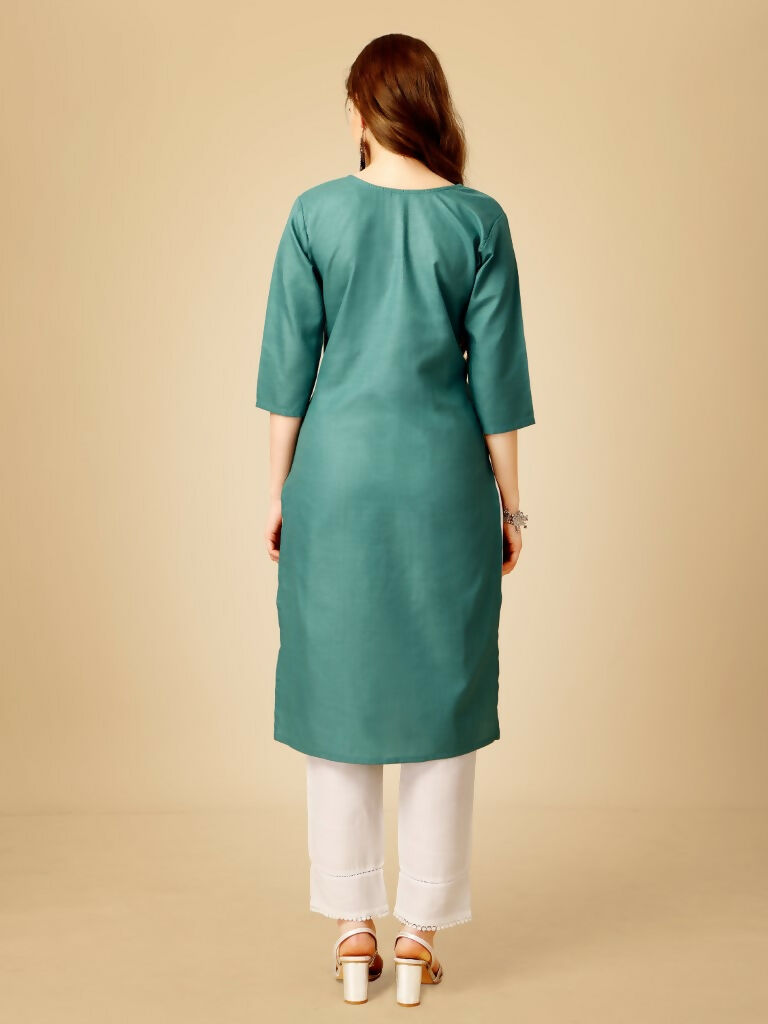 Jyoti Fashion Women's Teal Cotton Blend Embroidered Kurta Pant Set | Grocsy