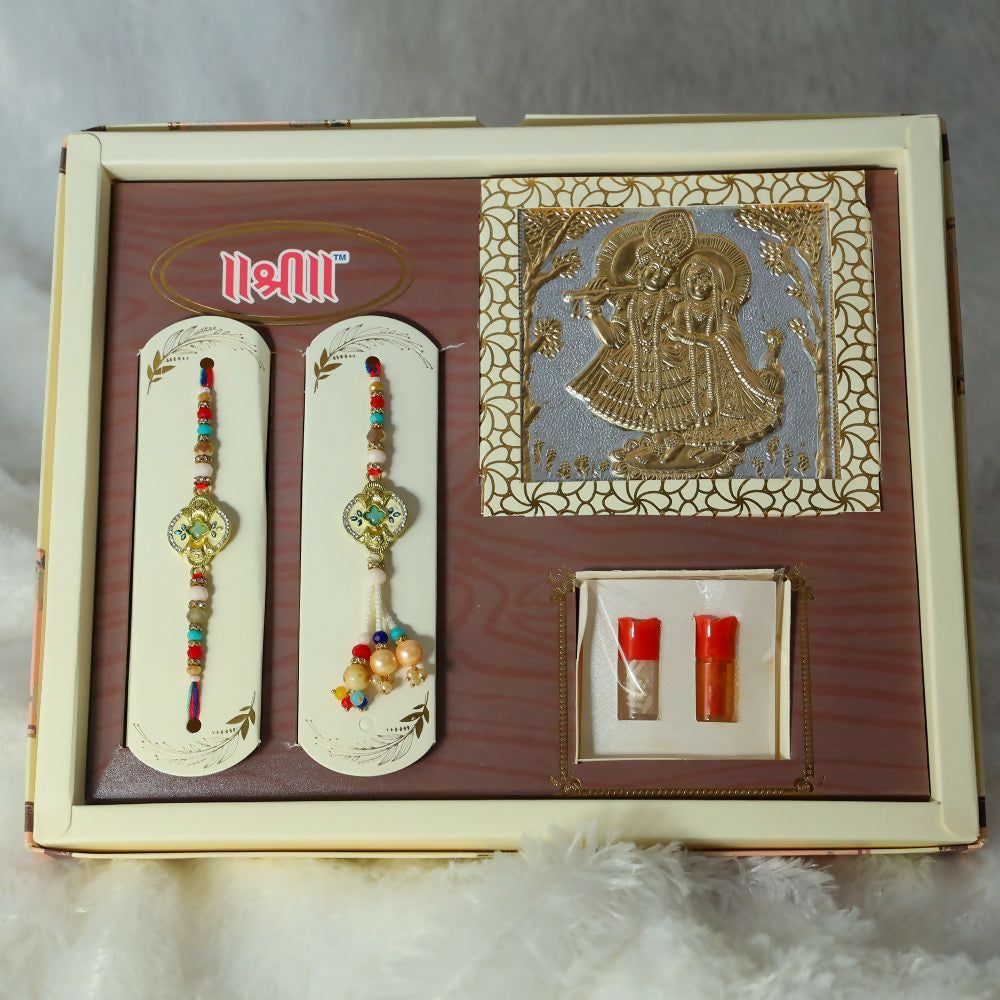Indianvibez Exclusive Gift Pack Of Bhai Bhabhi Meenakari Desginer Rakhi With Roli & Krishna Silver Gold Plated Radha Krishna Foil | Grocsy