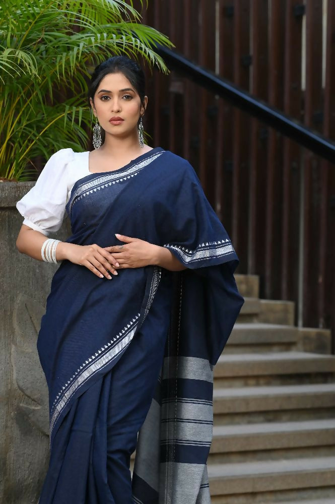 Beatitude Blue Cotton Handloom Saree | Grocsy