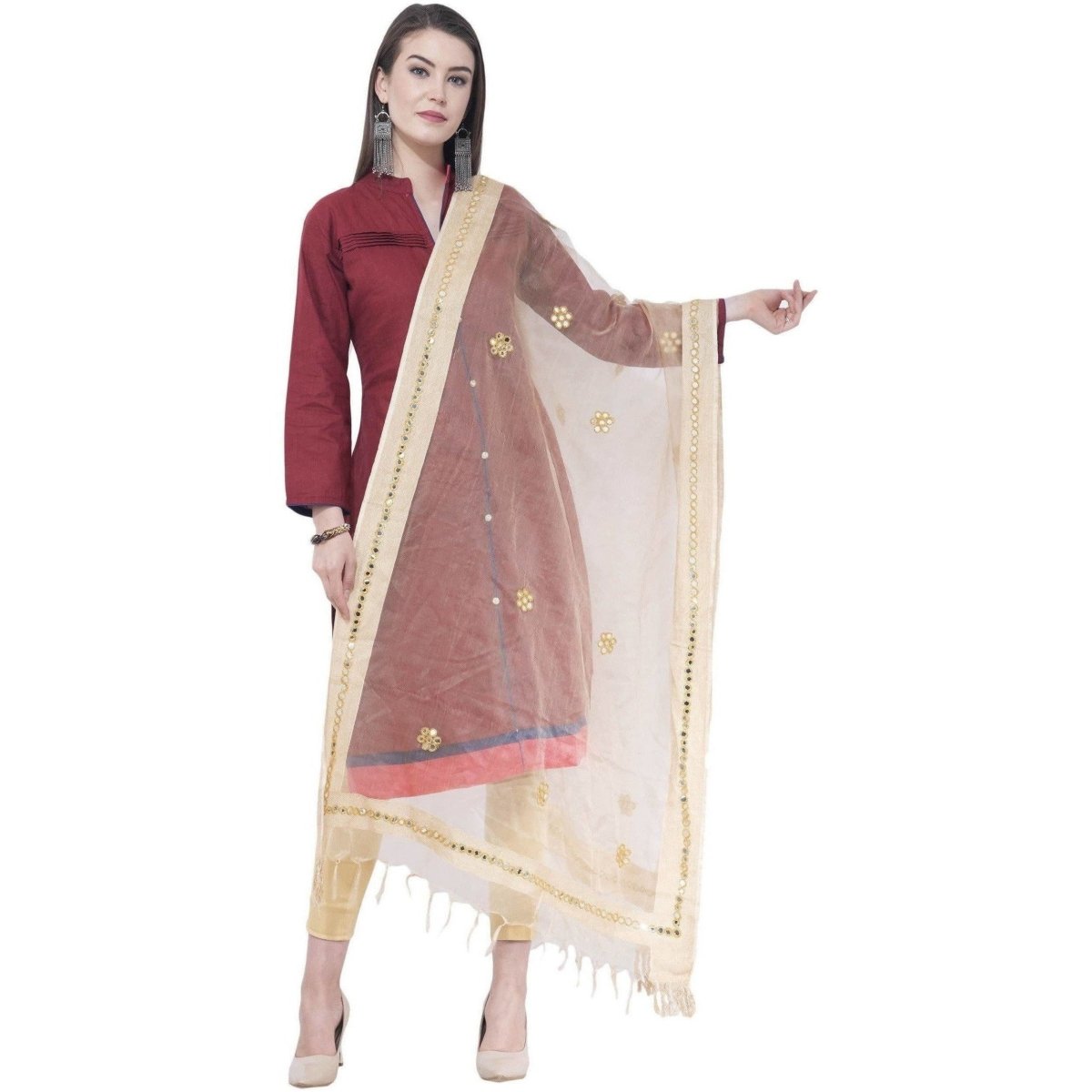 A R Silk Light Golden Color Flower Mirror Orgenza Cotton Dupattas and Chunnis | Grocsy