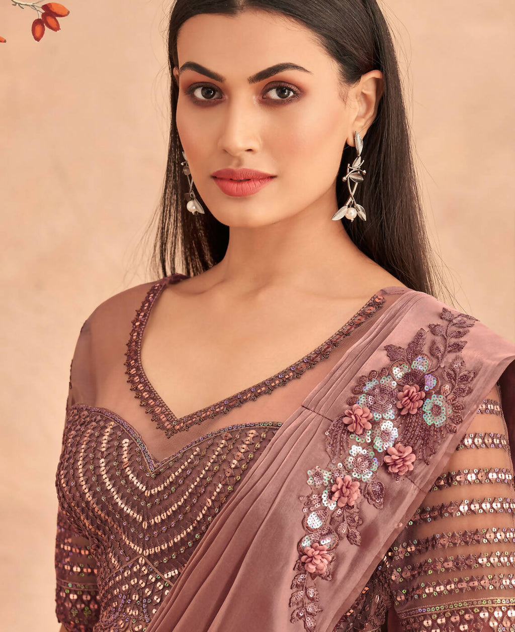 Dark Mauve Satin Embroidered Ready To Wear Saree With Unstitched Blouse Piece - Nandika | Grocsy