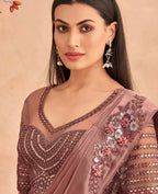 Dark Mauve Satin Embroidered Ready To Wear Saree With Unstitched Blouse Piece - Nandika | Grocsy