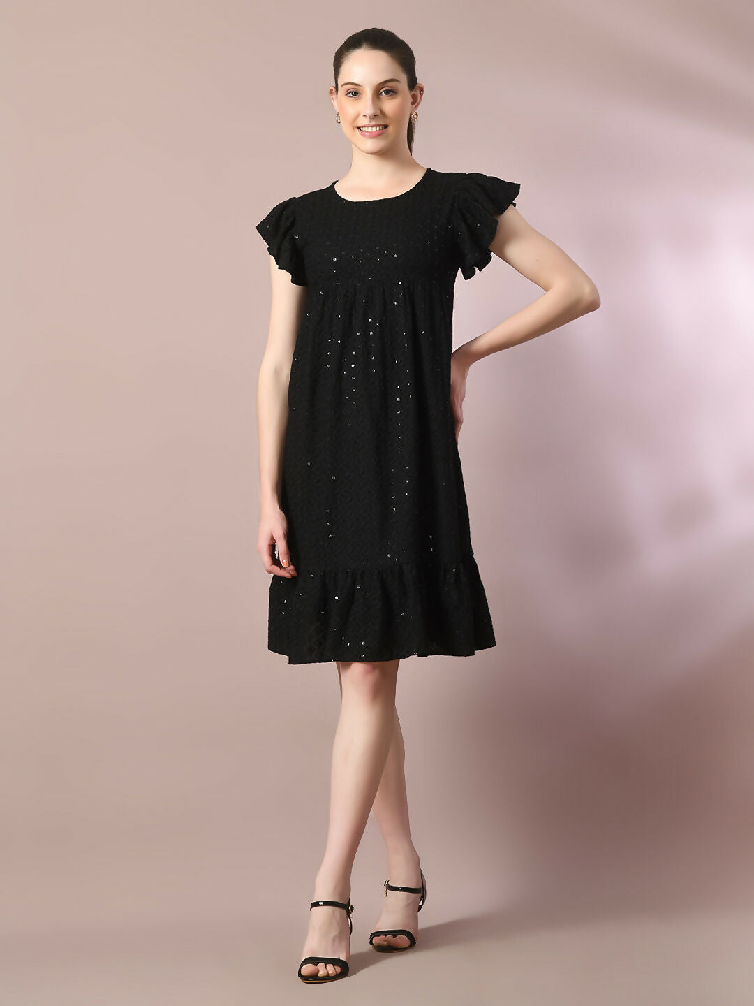 Myshka Women's Black Embroidered Cotton Round Neck A-Line Party Dress | Grocsy