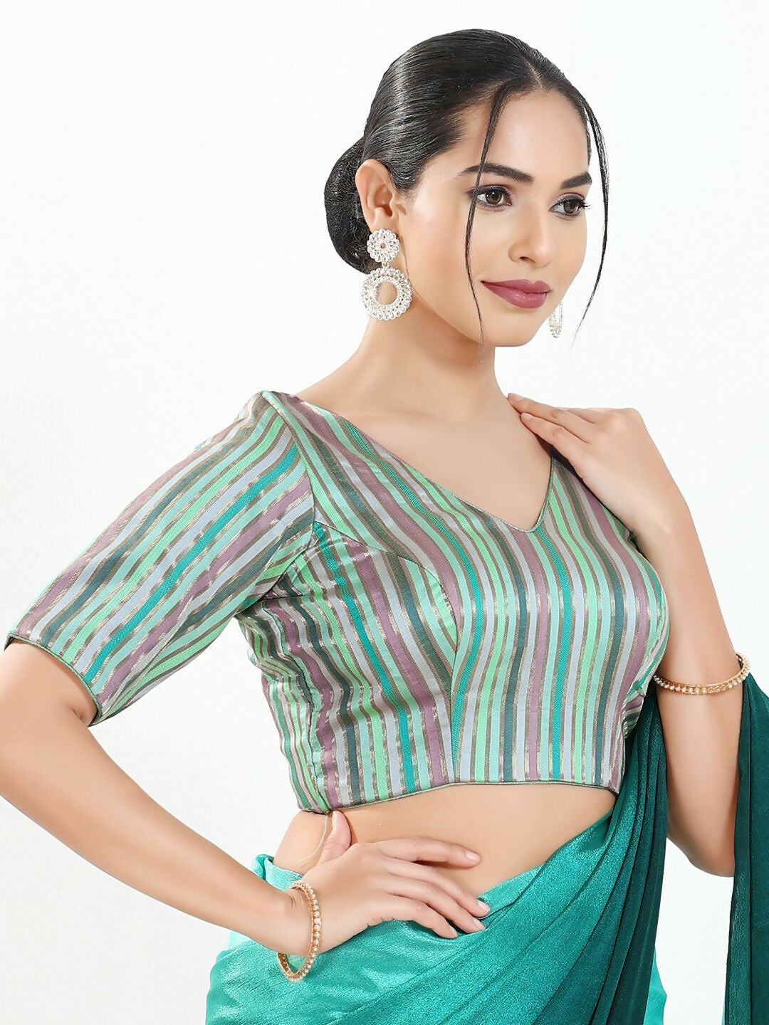 Joban Fashion Pista Multi Brocade Padded Blouse With V Neck Elbow Sleeves | Grocsy