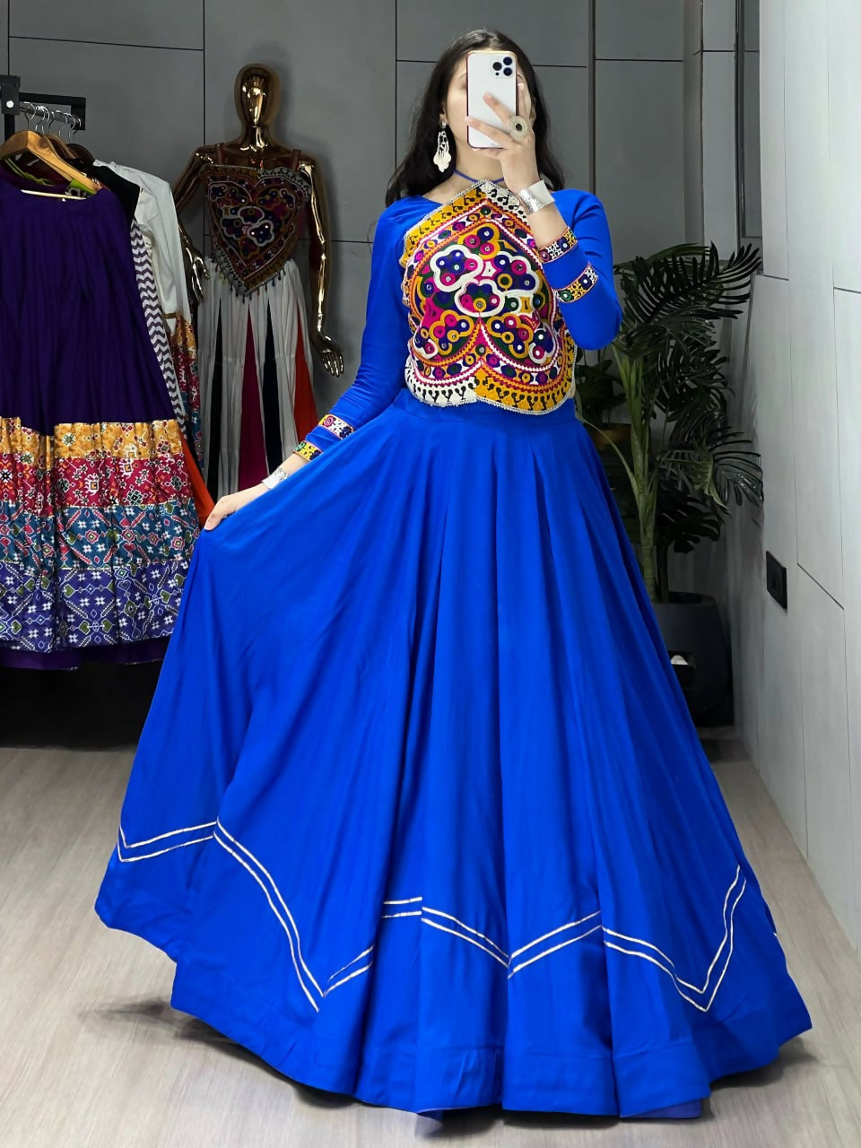 Yash Enterprise Blue Rayon Cotton Embroidery Semi Stitched Navratri Top Chaniya Choli | Grocsy