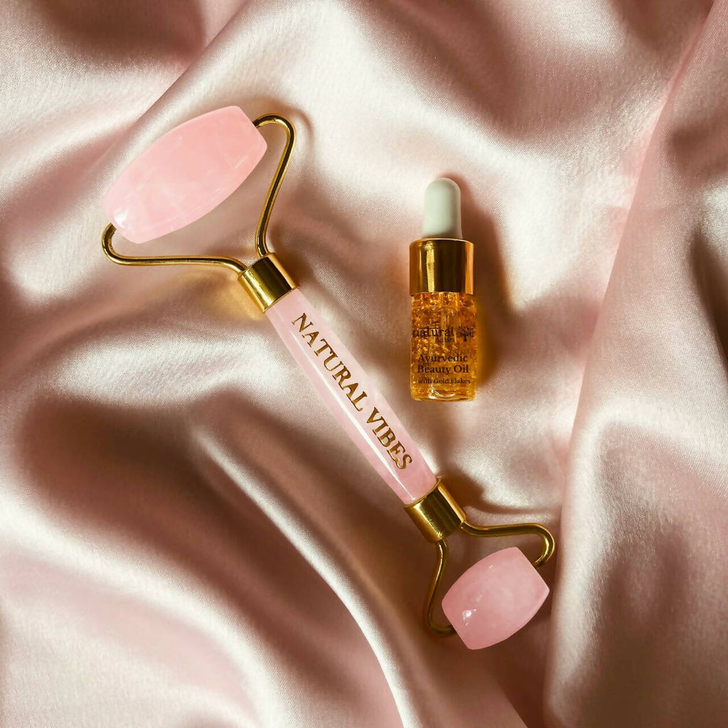 Natural Vibes Rose Quartz Roller & Massager with Free Gold Beauty Elixir Oil | Grocsy
