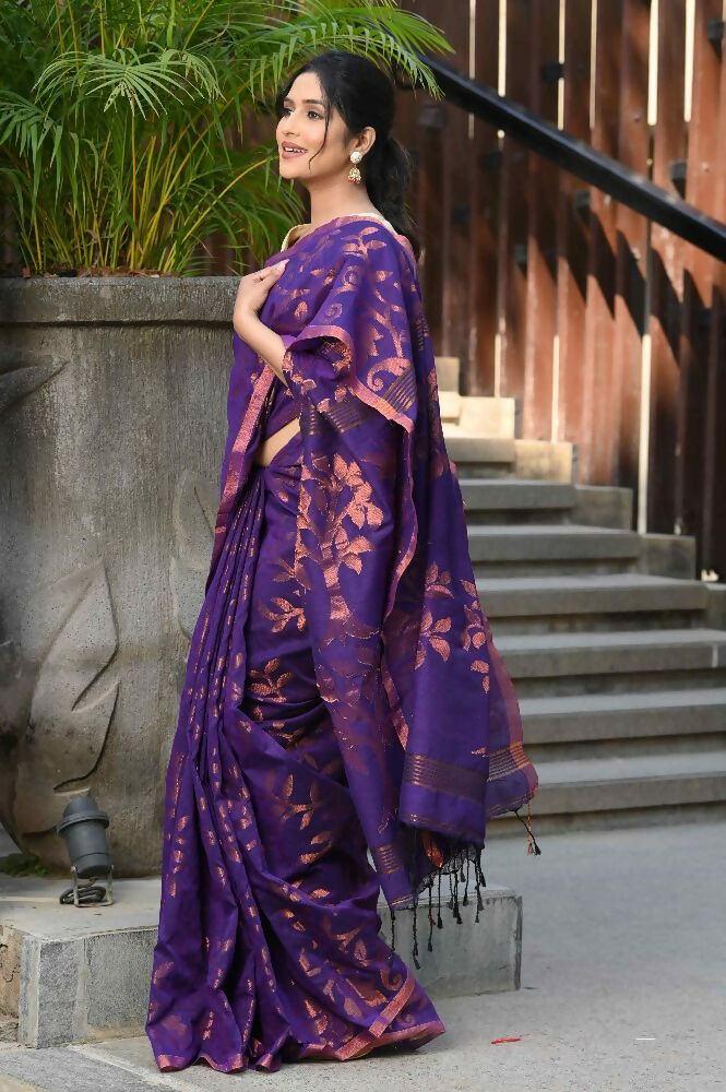 Beatitude Purple Cotton Floral Jamdani Saree | Grocsy