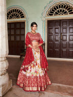 Vastranavya Exquisite Tussar Silk Lehenga Set With Perfect Floral And Patola Print Design Lehenga Choli - Red | Grocsy