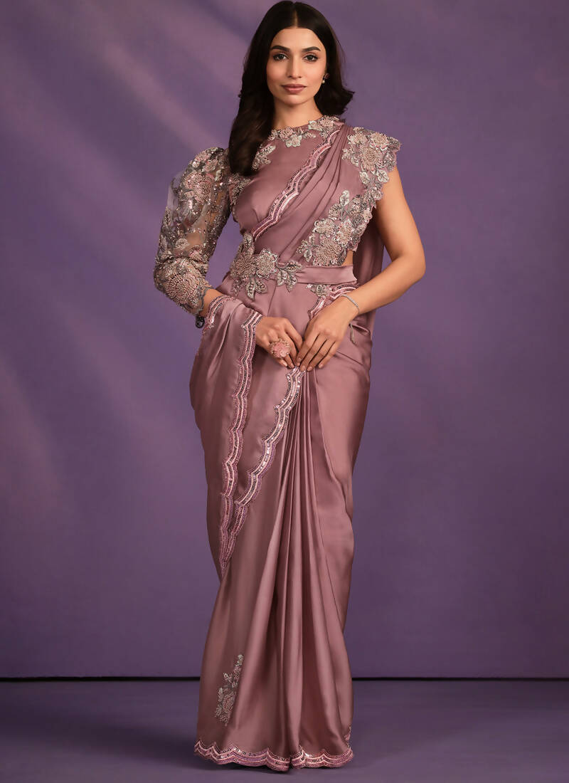 Pyaji Crepe Satin Silk Embroidered Saree With Stitched Blouse - Mohmanthan Exotica | Grocsy
