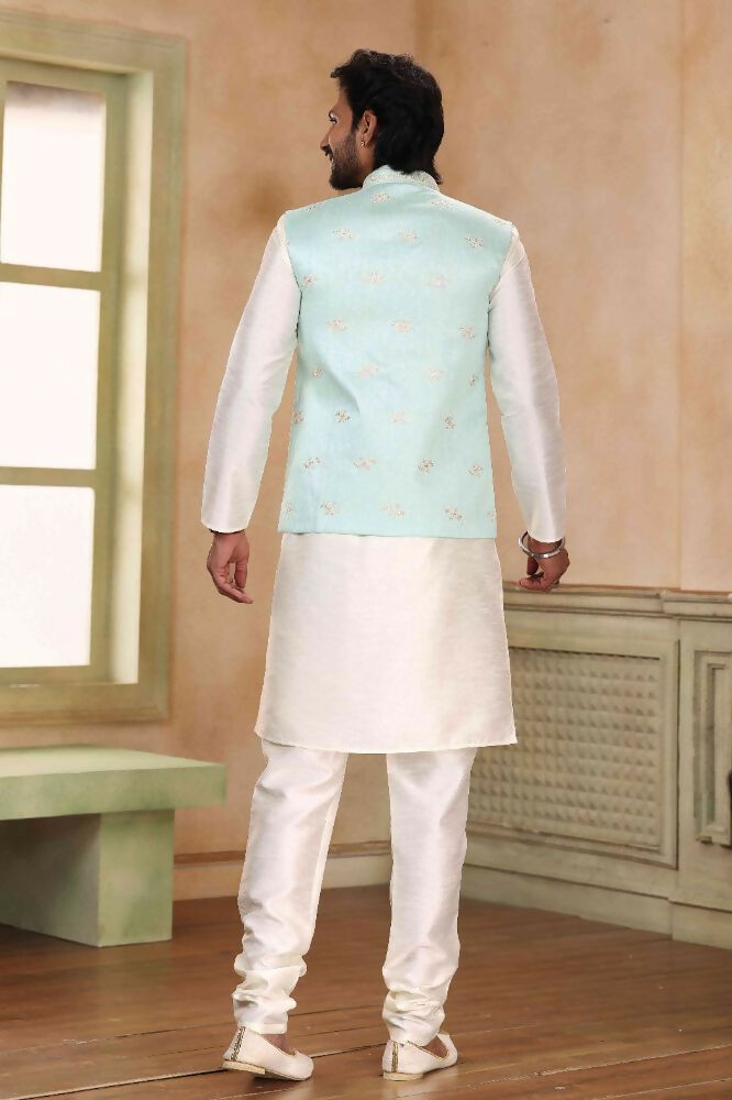 Raivat Ethnic Jacquard Banarasi Silk Woven Work 3 Pics Jacket Set In Pista Green Colour | Grocsy