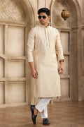 Raivat Ethnic Banarasi Art Silk Mirror Work Kurta Pajama In Beige Colour | Grocsy