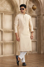 Raivat Ethnic Banarasi Art Silk Mirror Work Kurta Pajama In Beige Colour | Grocsy